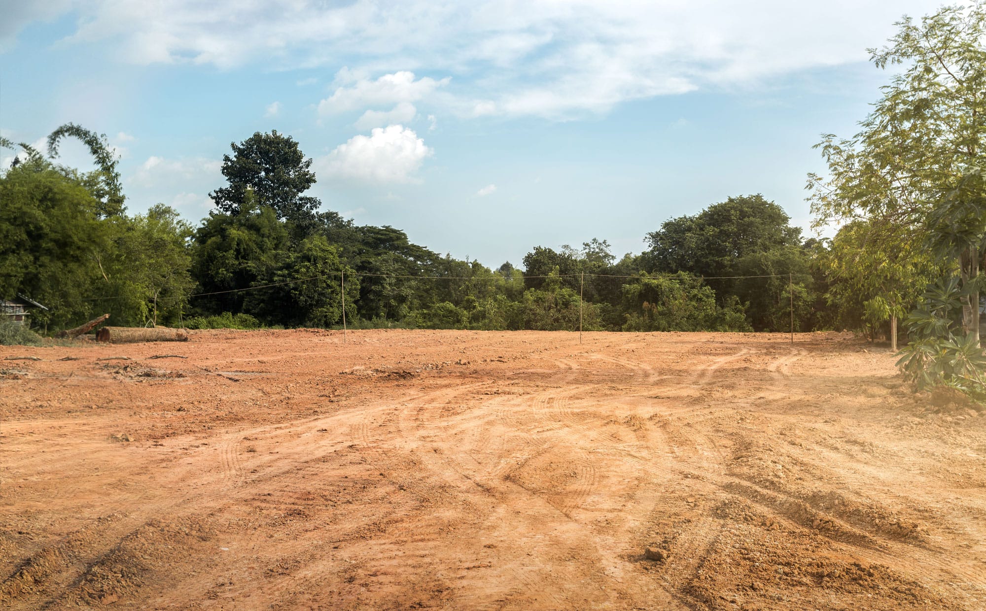 Cleared land with surrounding green trees.